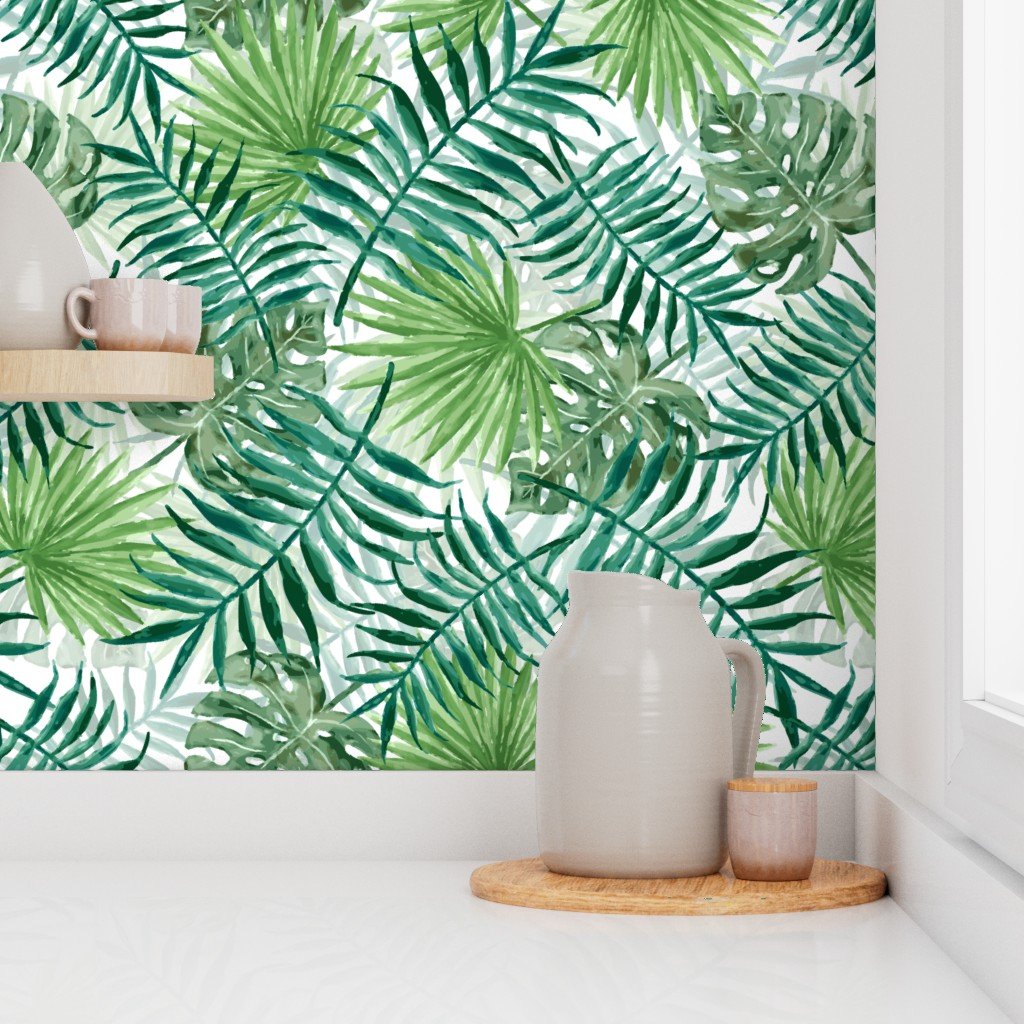 Large Green Fern Palm and Monstera Tropical Plants Wallpaper bright green wallpaper