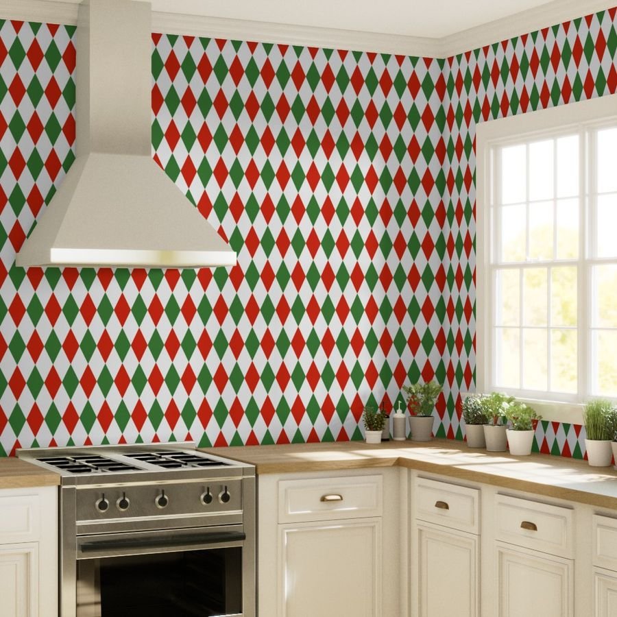Jumbo Red Green Christmas Harlequin Diamond Check Wallpaper christmas diamonds wallpaper