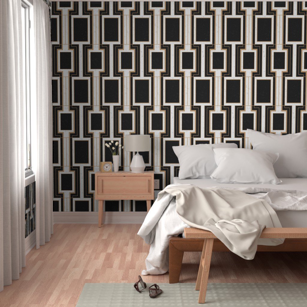 Jumbo Art Deco Geometric Rectangles in Cracked Black and Faux Gold Wallpaper art deco wallpaper