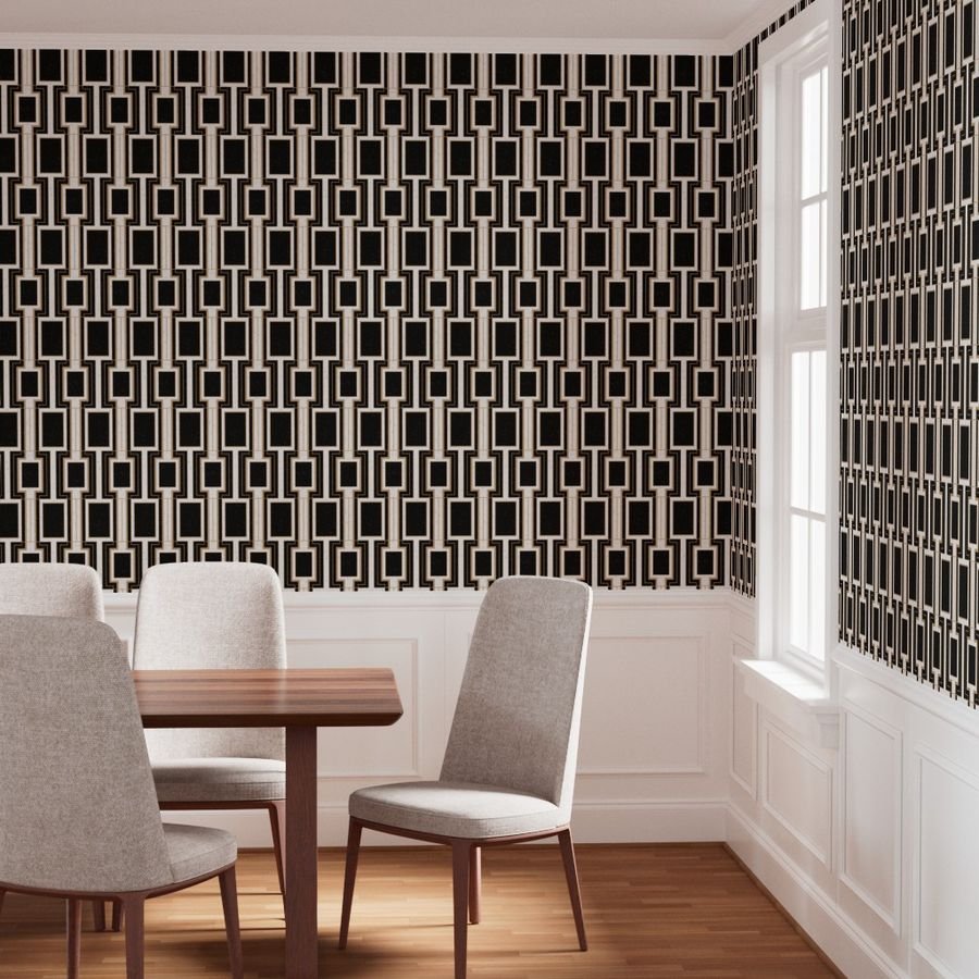 Small Art Deco Geometric Rectangles in Cracked Black and Faux Gold Wallpaper art deco wallpaper