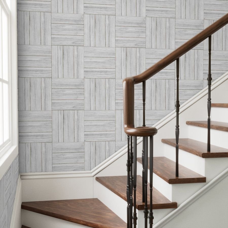 Whitewashed Geometric Parquet Wooden Planks 4.5 inch Wallpaper white wood wallpaper