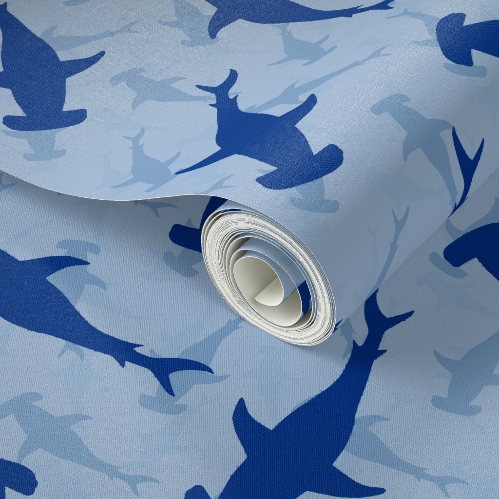 Dark Hammerhead Sharks Silhouette Circling in Sky Blue Water Wallpape blue wallpaper