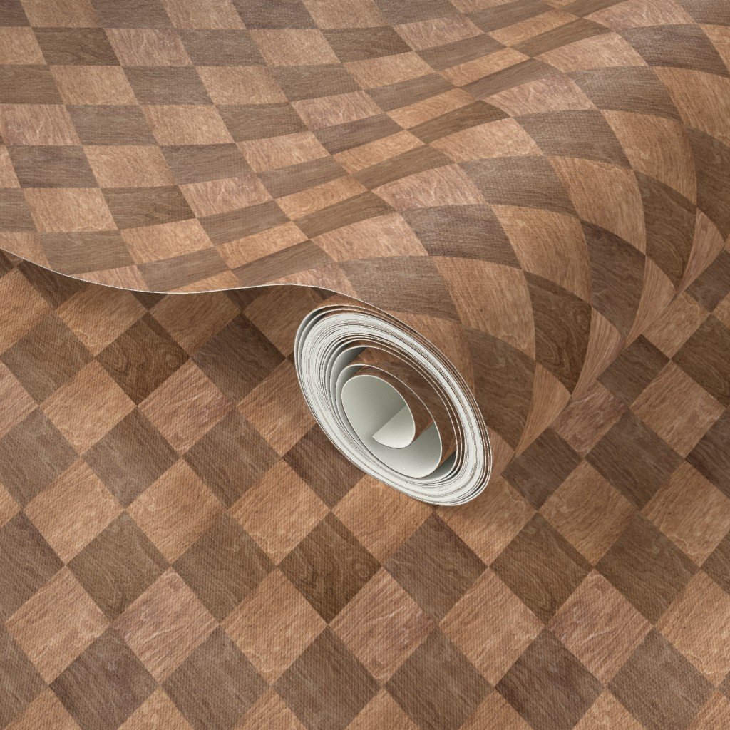 Small Light and Dark Wood Harlequin Diamond Check Marquetry Wallpaper brown tones wallpaper