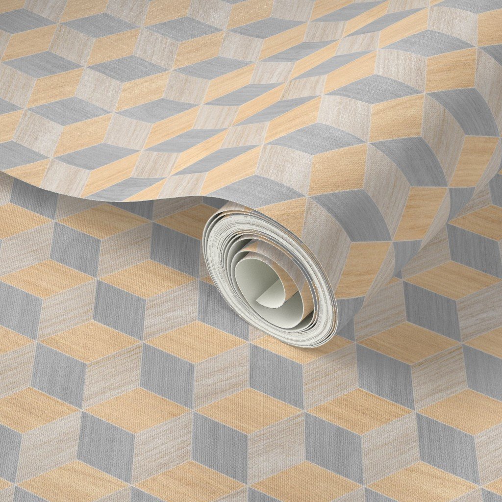 Geometric Wood Grain Cubes in Oak Ash and White Pine Panels Wallpaper white pine wallpaper