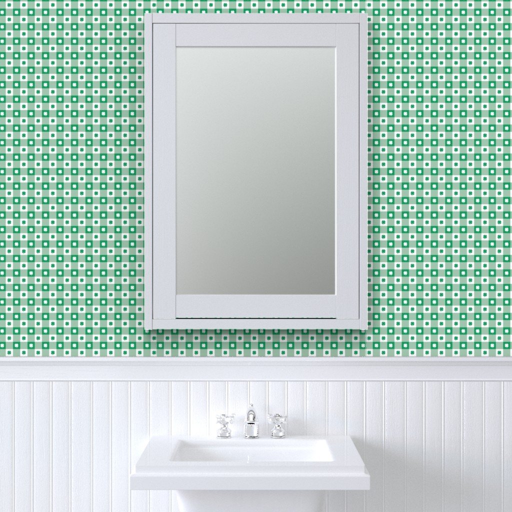 Kelly and White Gingham Check with Center Shamrock Medallions in Wallpaper gingham with shamroc wallpaper