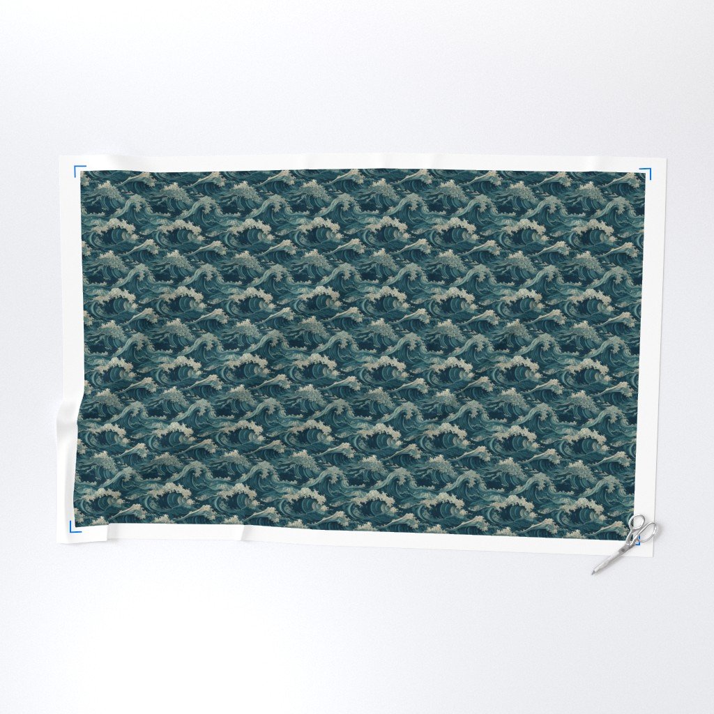 Japanese Woodcut Big Tsunami Waves in Shades of Blue Fabric tsunami wave fabric