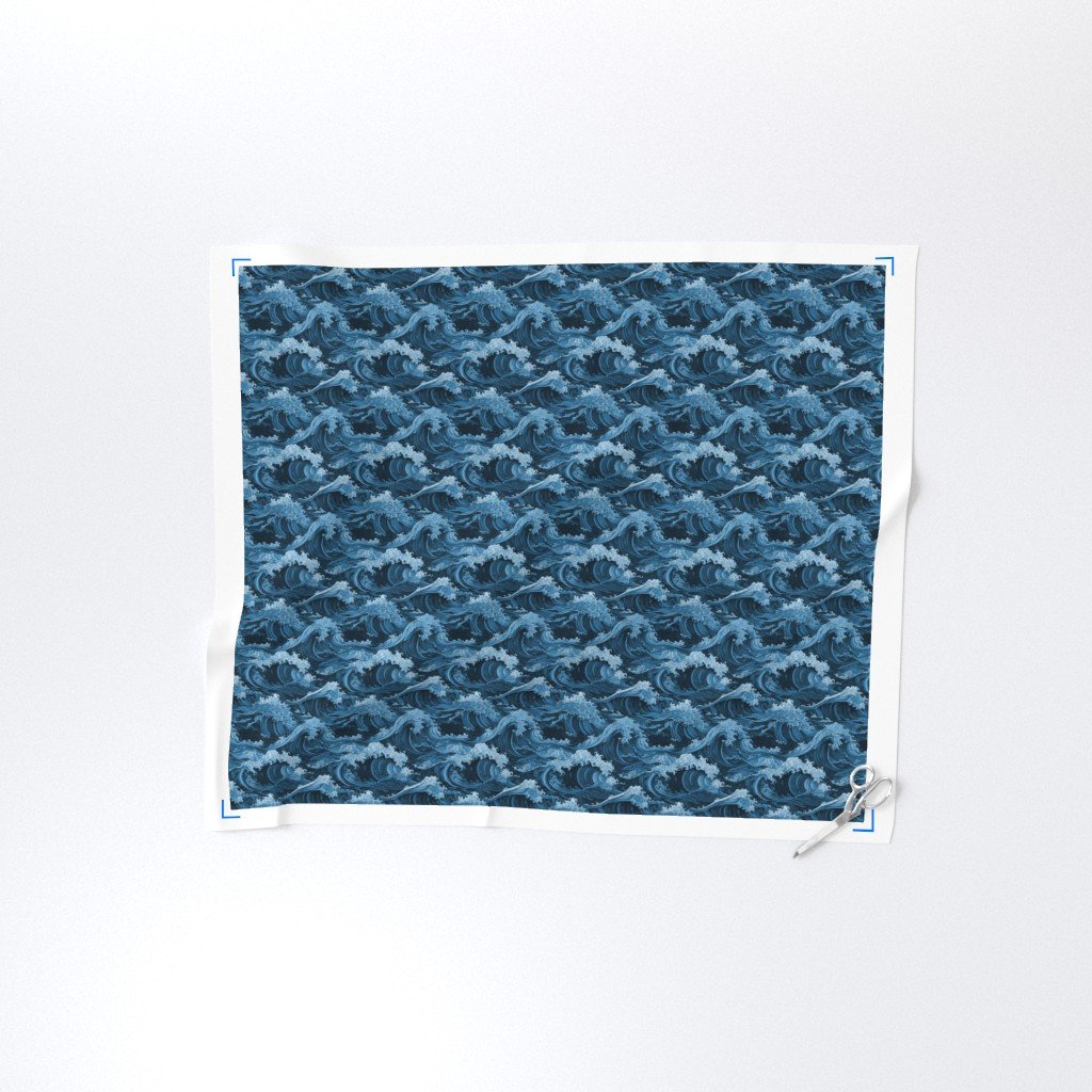 Japanese Woodcut Big Tsunami Waves in Shades of Mid-Blue Fabric tsunami wave fabric