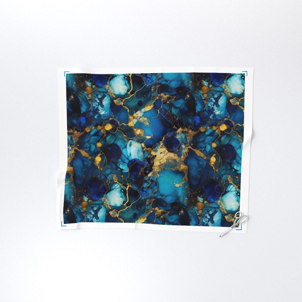 Gold and Blue Sapphire Alcohol Ink 1 Fabric inky swirls fabric