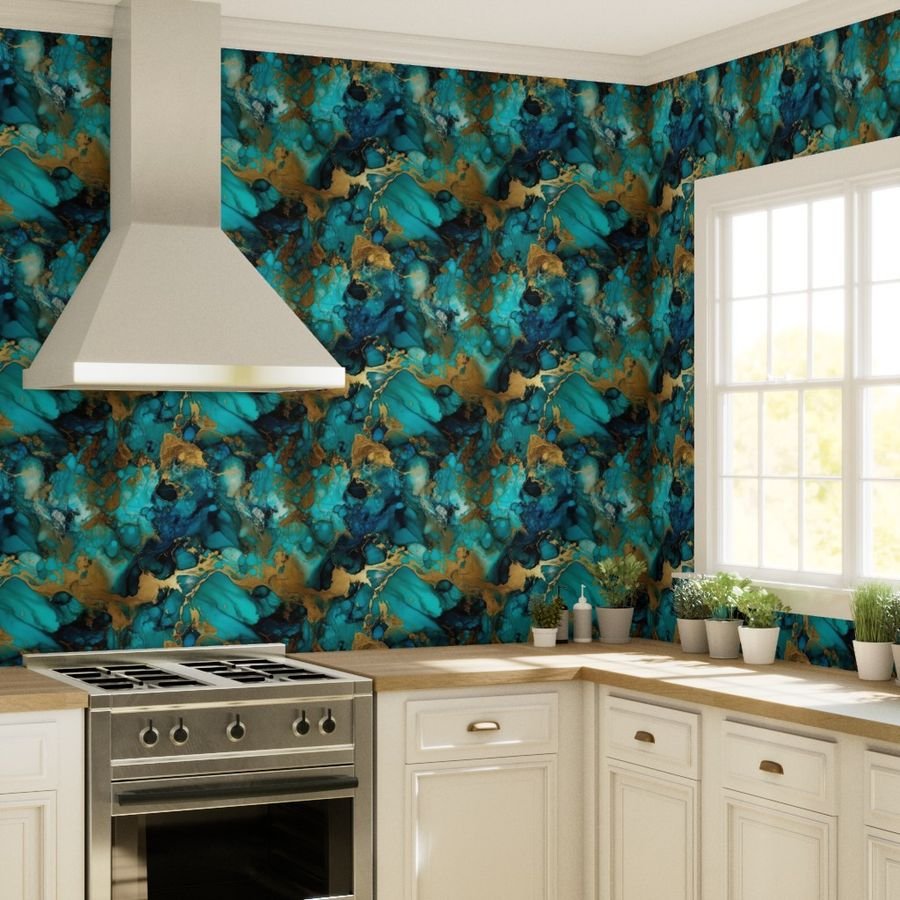 Turquoise and Gold Alcohol Ink 1 Wallpaper alcohol ink wallpaper