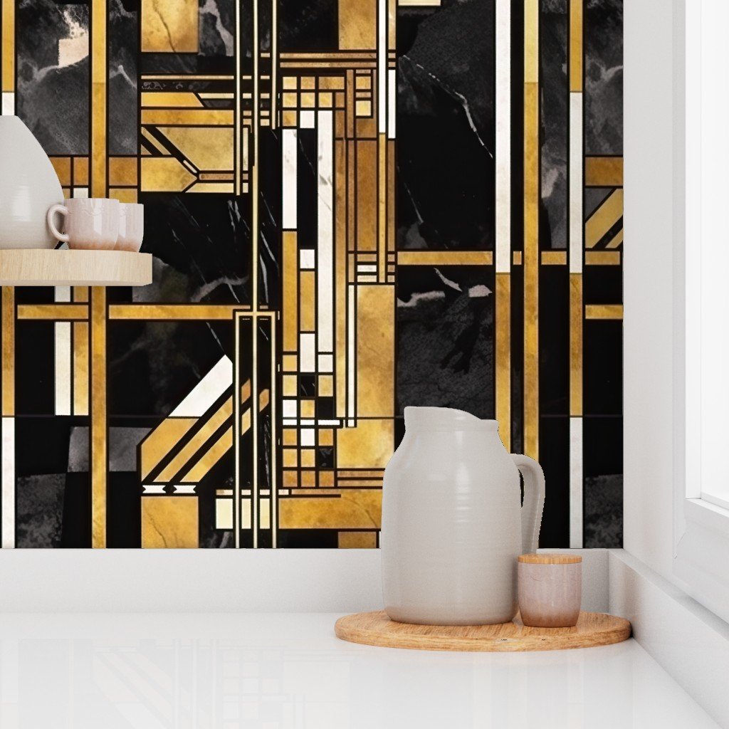 De Stijl Geometric Art Deco Pattern in Black and Gold Wallpaper abstract art wallpaper