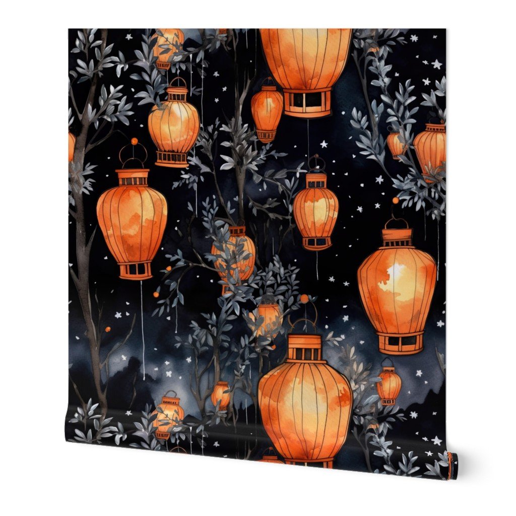 Orange Glowing Chinese Paper Lanterns Watercolor Wallpaper chinese lanterns wallpaper