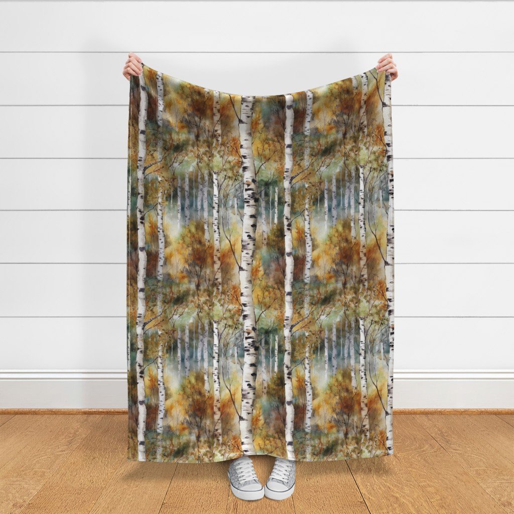Endless Birch Tree Dreamscape Trees in Misty Forest Watercolor Fabric seamless forest fabric