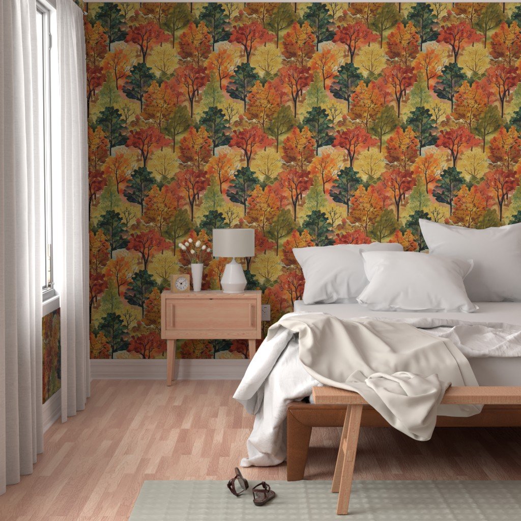 Watercolor of New England Endless Forest Fall Trees Wallpaper autumn garden wallpaper