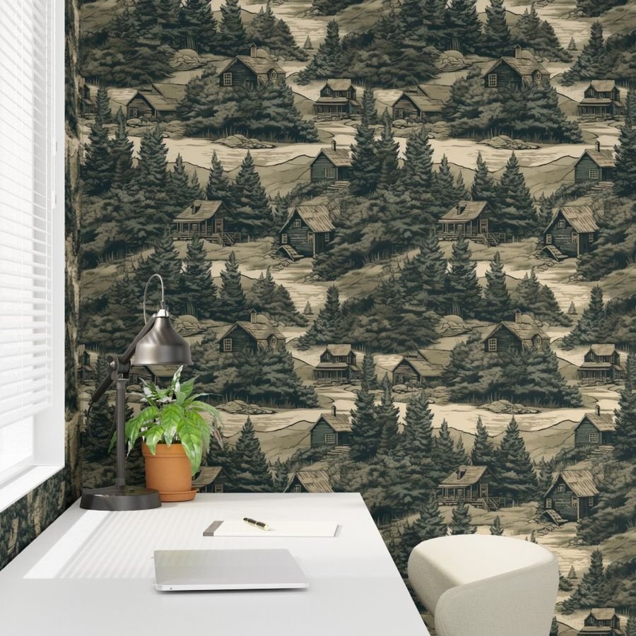 Montana Treescape Evergreens with Cabins Wallpaper montana cabins wallpaper