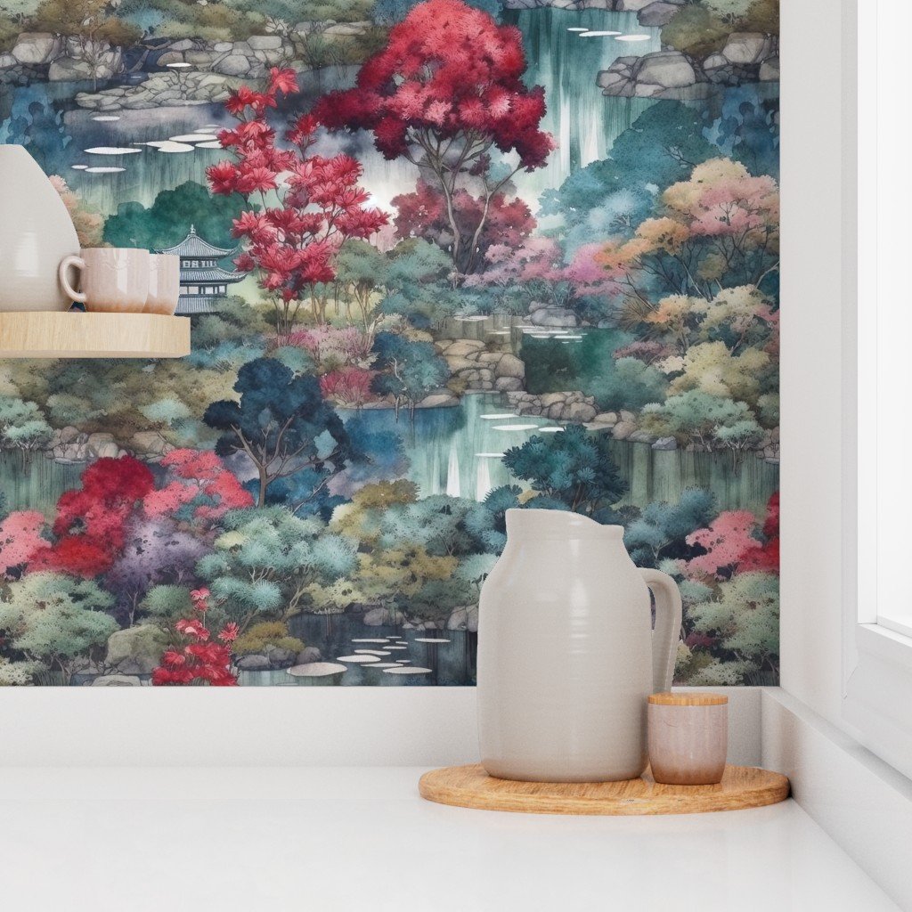 Japanese Water Garden Watercolor with Temples Wallpaper japanese gardens wallpaper