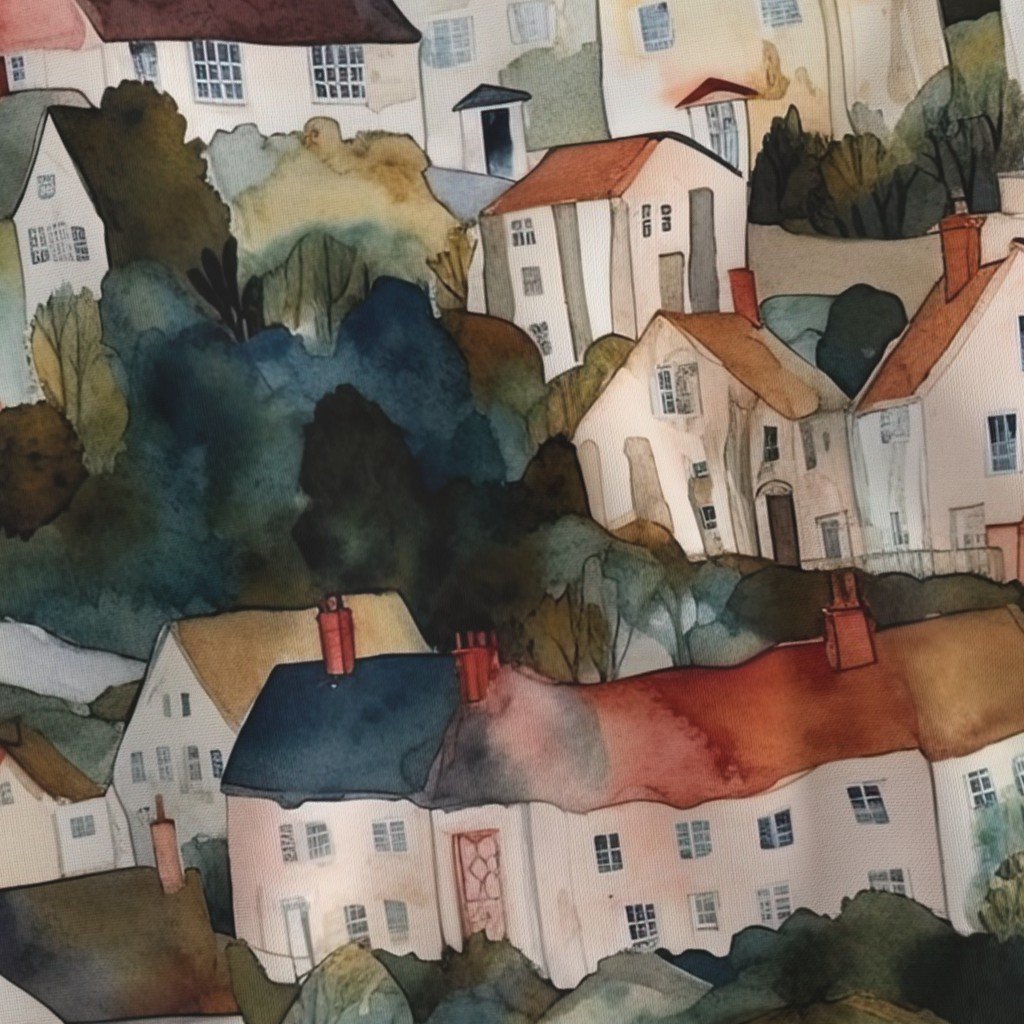 English Village Houses in Watercolor Fabric british fabric