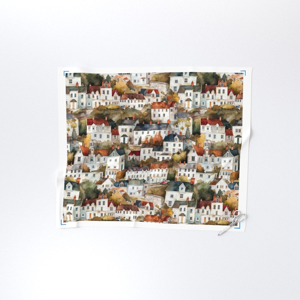 English Town Houses in Watercolor Fabric british fabric