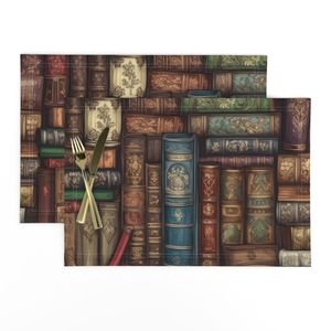 Stacked Bound Vintage Books on Library Book Shelf Decor Collection Home Decor Collection life-size books placemat design