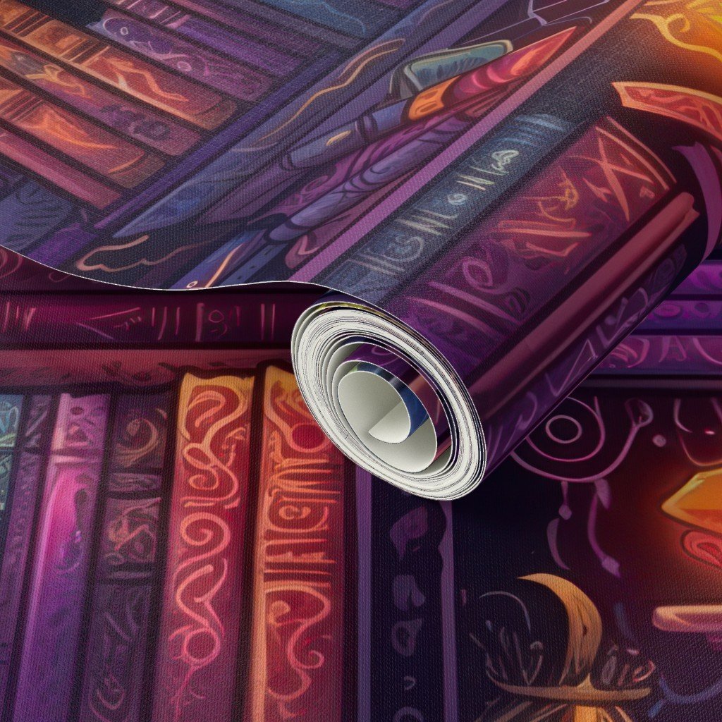 Witch Spooky Neon Halloween Books on Library Spell Book Shelf Wallpaper books of spells wallpaper