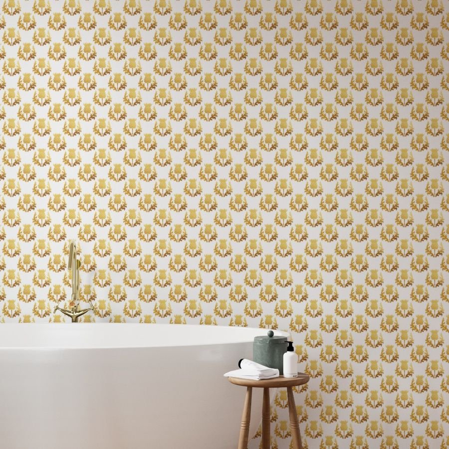 Large Scottish Thistle Flower of Scotland Gold on White Wallpaper scottish thistle wallpaper