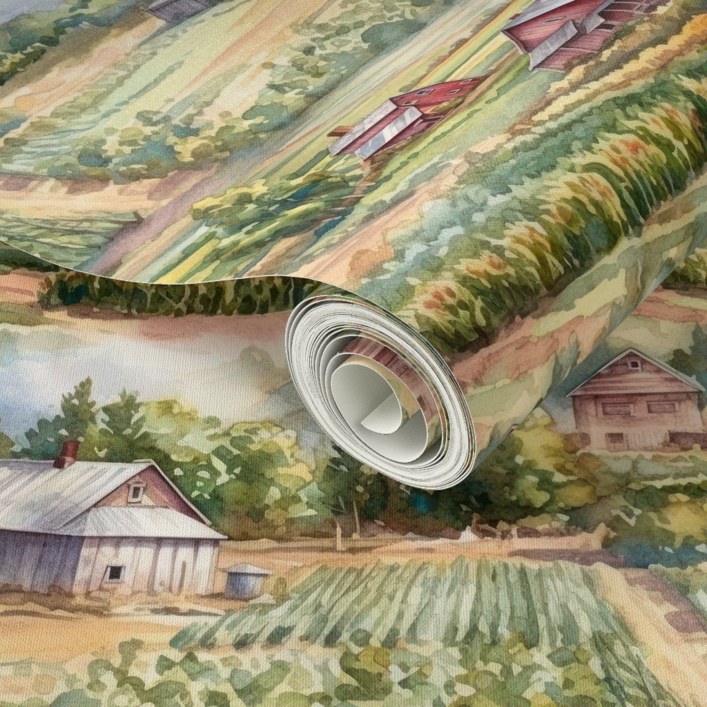 Summer Farm Landscape Watercolor Wallpaper farm fields wallpaper