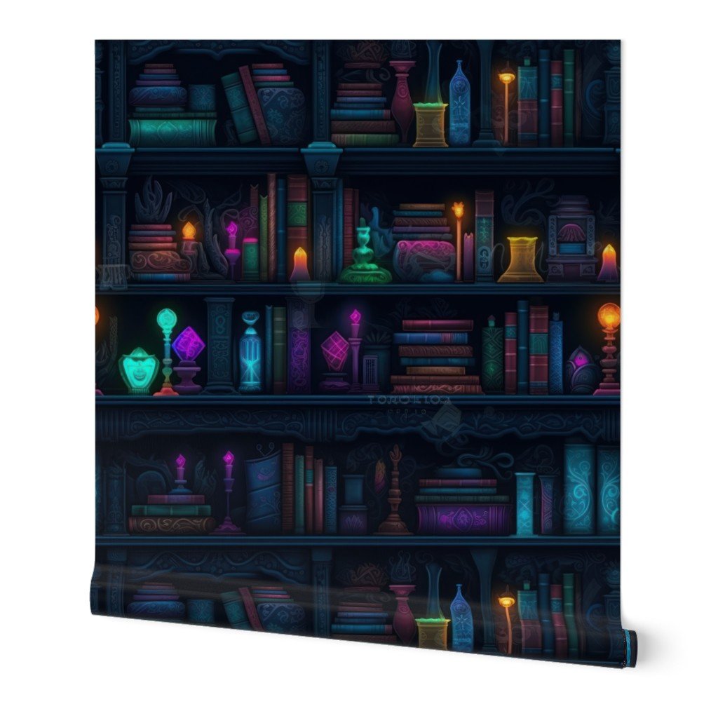 Spooky Photo realistic Dark Academia Bookshelves in Bright Neons Wallpaper book shelves wallpaper