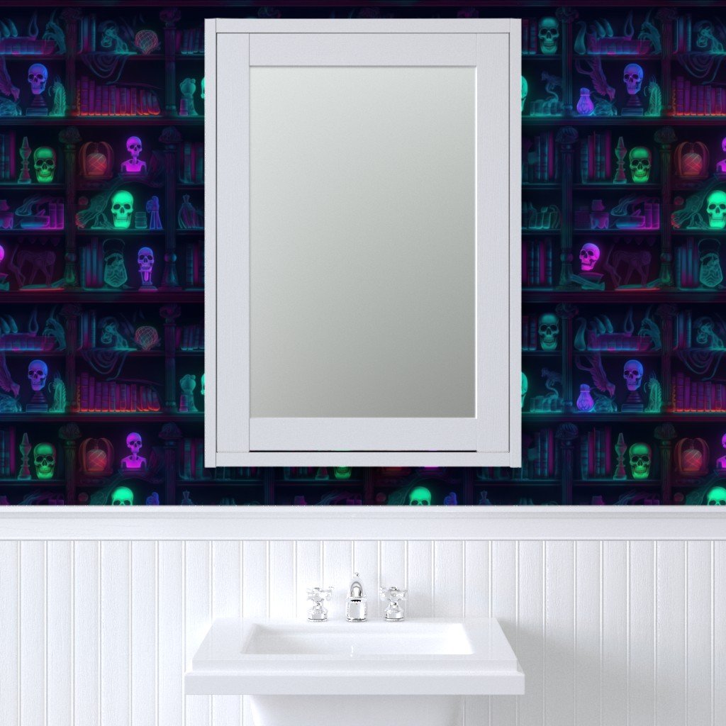 Spooky Photo realistic Dark Academia Bookshelves in Bright Neons Wallpaper book shelves wallpaper