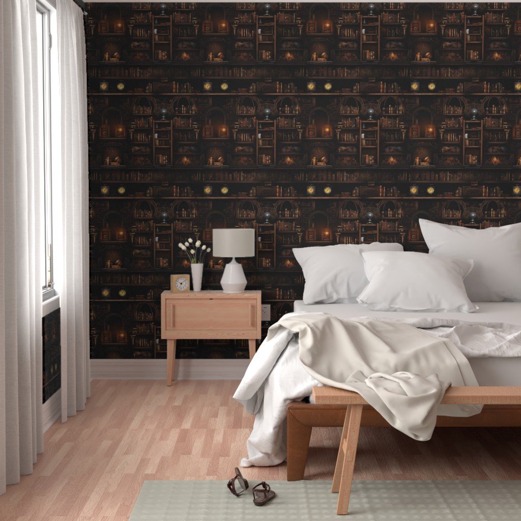 Spooky Photo realistic Dark Academia Stampunk Bookshelves in Muted Wallpaper book shelves wallpaper