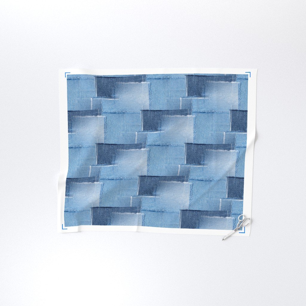 Abstract Patchwork Pattern of Frayed and Fringed Patches of Blue Fabric denim cloth fabric