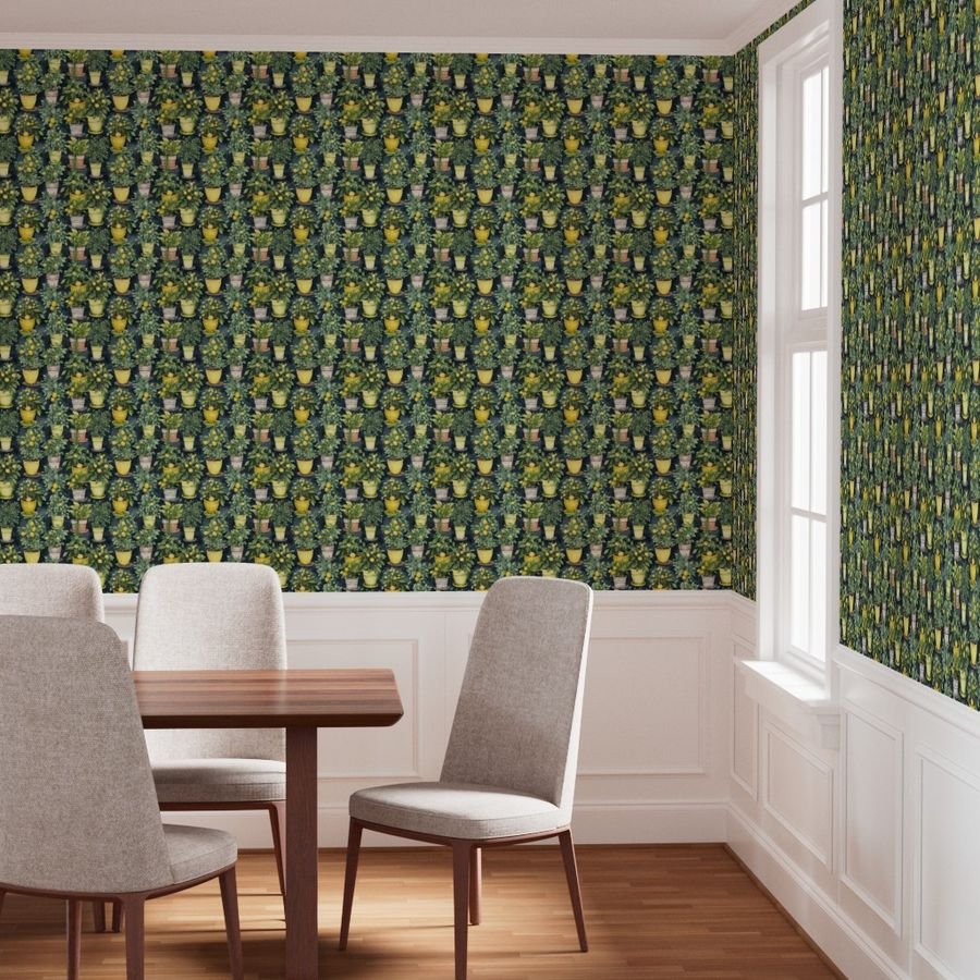 Potted Lemon Trees Watercolor on Dark Green Wallpaper house plants wallpaper