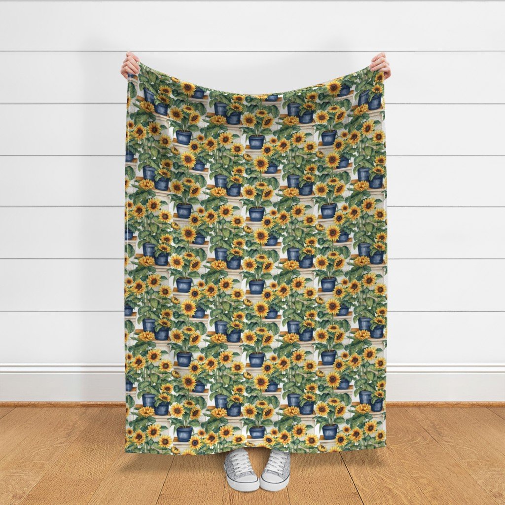 Potted Yellow Sunflower Plants Watercolor Fabric sunflower plants fabric
