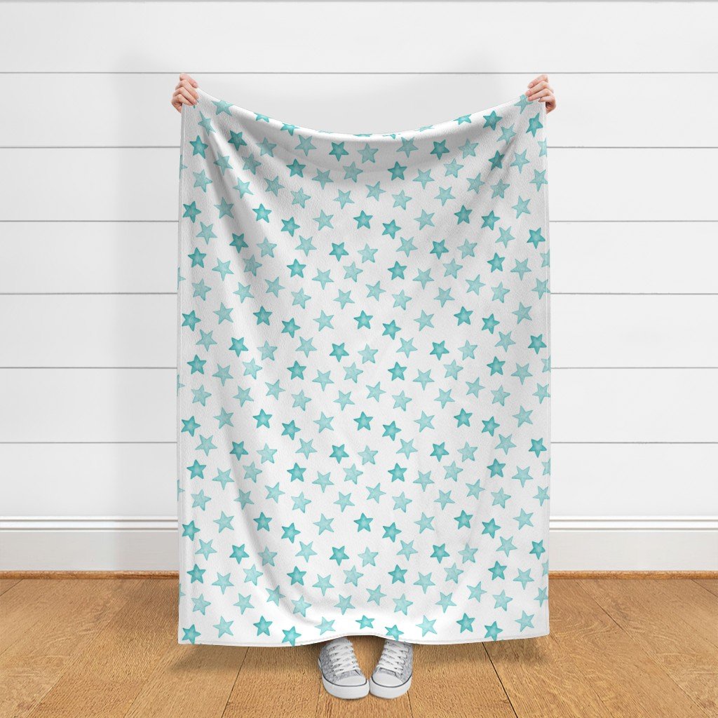 Large Faded Aqua Christmas Stars on White Fabric christmas star fabric