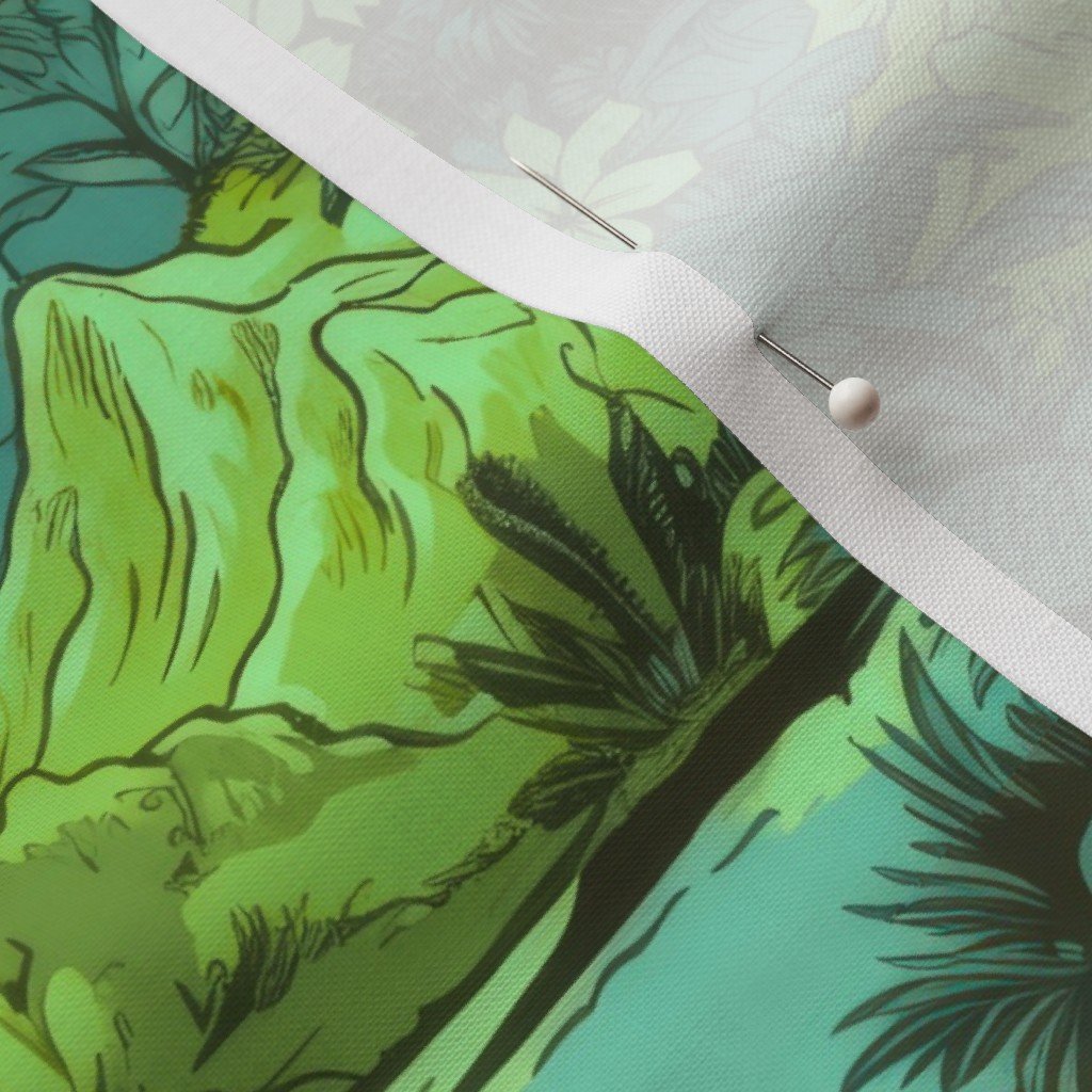 Small Vintage Hawaiian Landscape in Lime and Aqua Fabric palm trees fabric