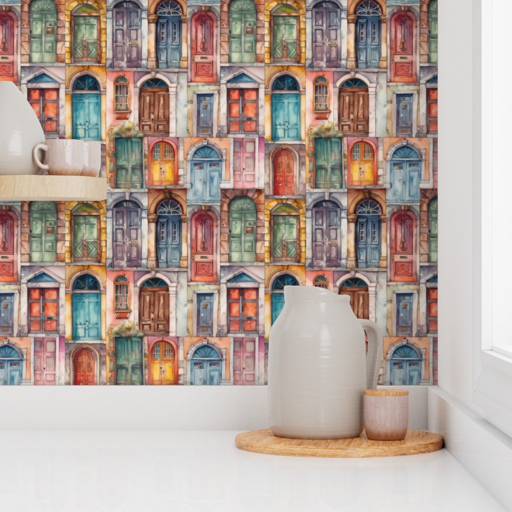 Architectural Doors in Multicolor Watercolors Wallpaper door lintels wallpaper