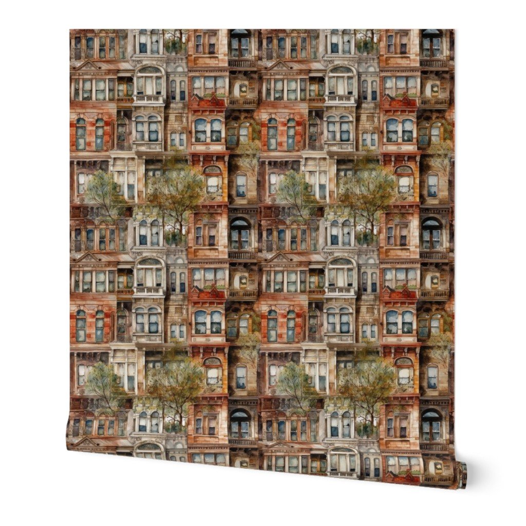 Brownstone Buildings in Varied Tones of Brown Watercolor Wallpaper arched windows wallpaper