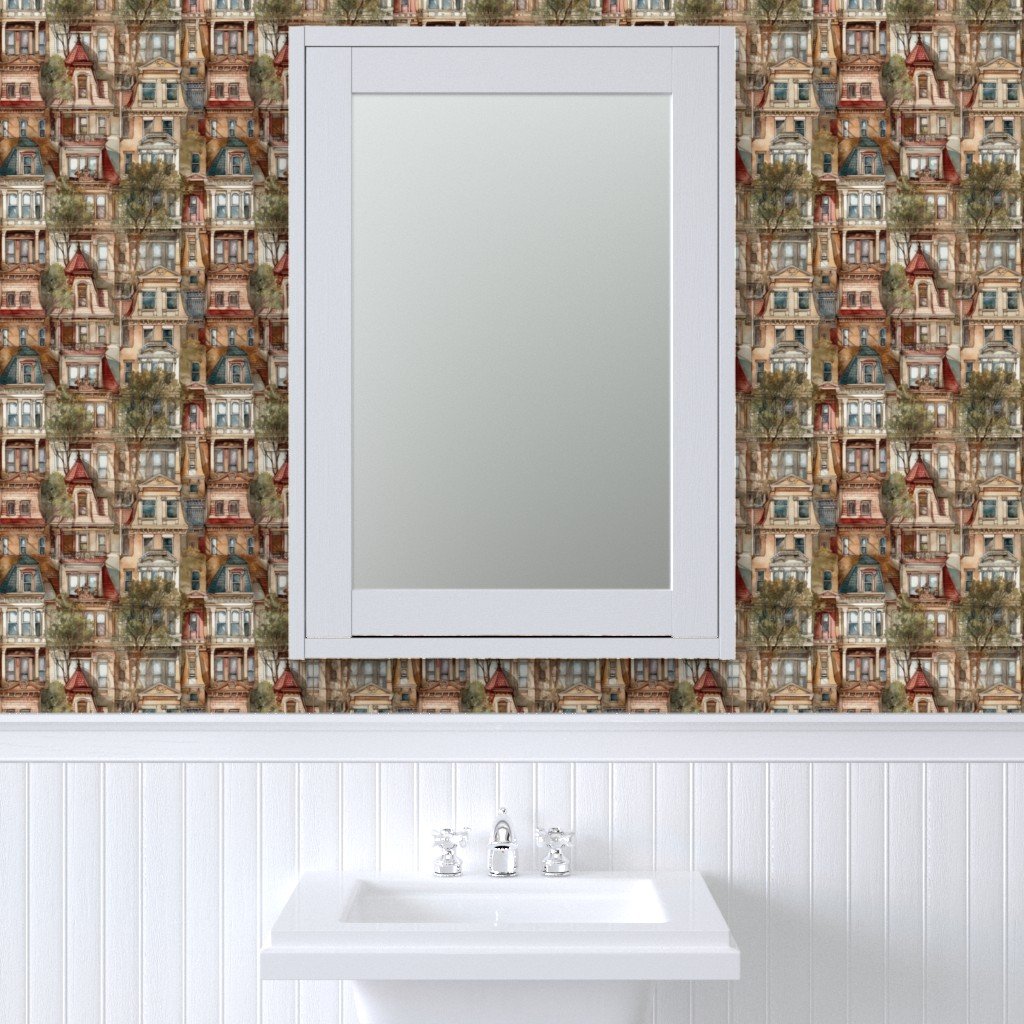 Brownstone Buildings in Varied Tones of Brown Watercolor Wallpaper arched windows wallpaper