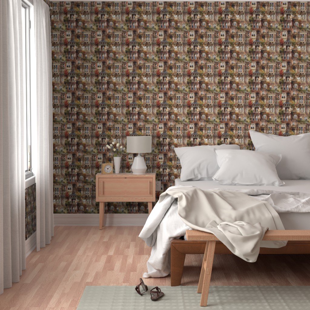 Brownstone Buildings in Varied Tones of Brown Watercolor Design Collection Interior Collection brownstone buildings wallpaper