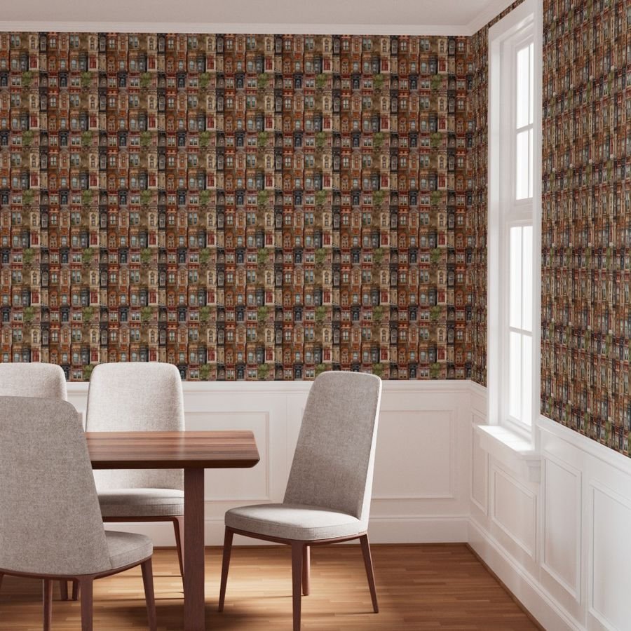 Brownstone Buildings in Varied Tones of Brown Watercolor Wallpaper arched windows wallpaper