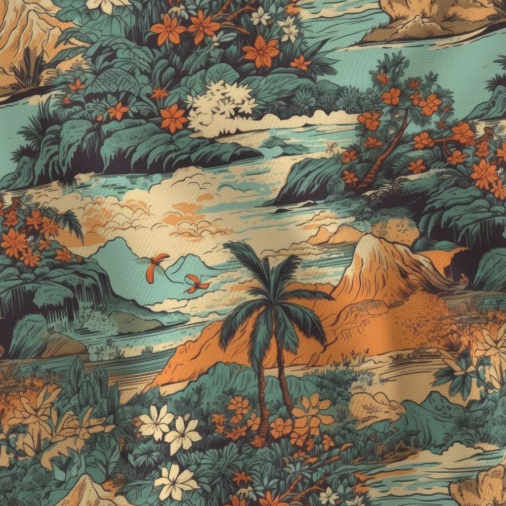Small Vintage Hawaiian Landscape in Teal and Orange Fabric tropical landscape fabric