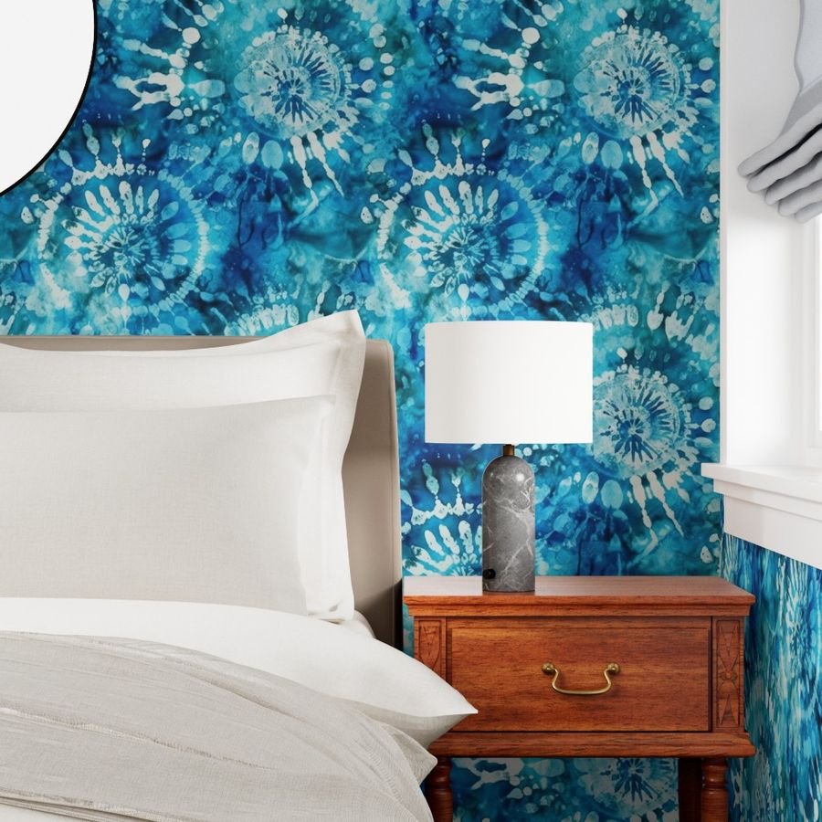 Jumbo Tie Dye Batik in Bright Blue Circling Swirls on Teal Wallpaper blue tie-dye wallpaper