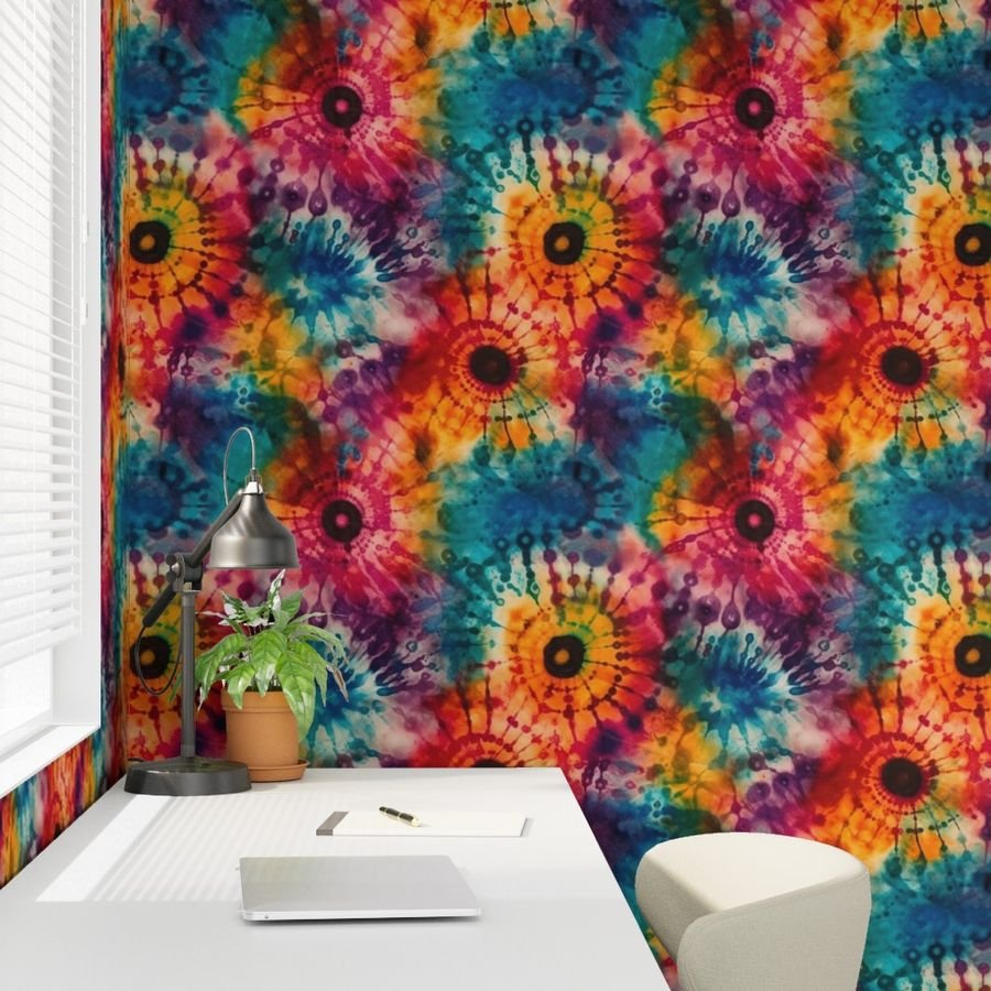 Jumbo Tie Dye Batik in Bright Multi Rainbow Colors Circling Swirls Interior Collection Home Styling Collection boho dye wallpaper