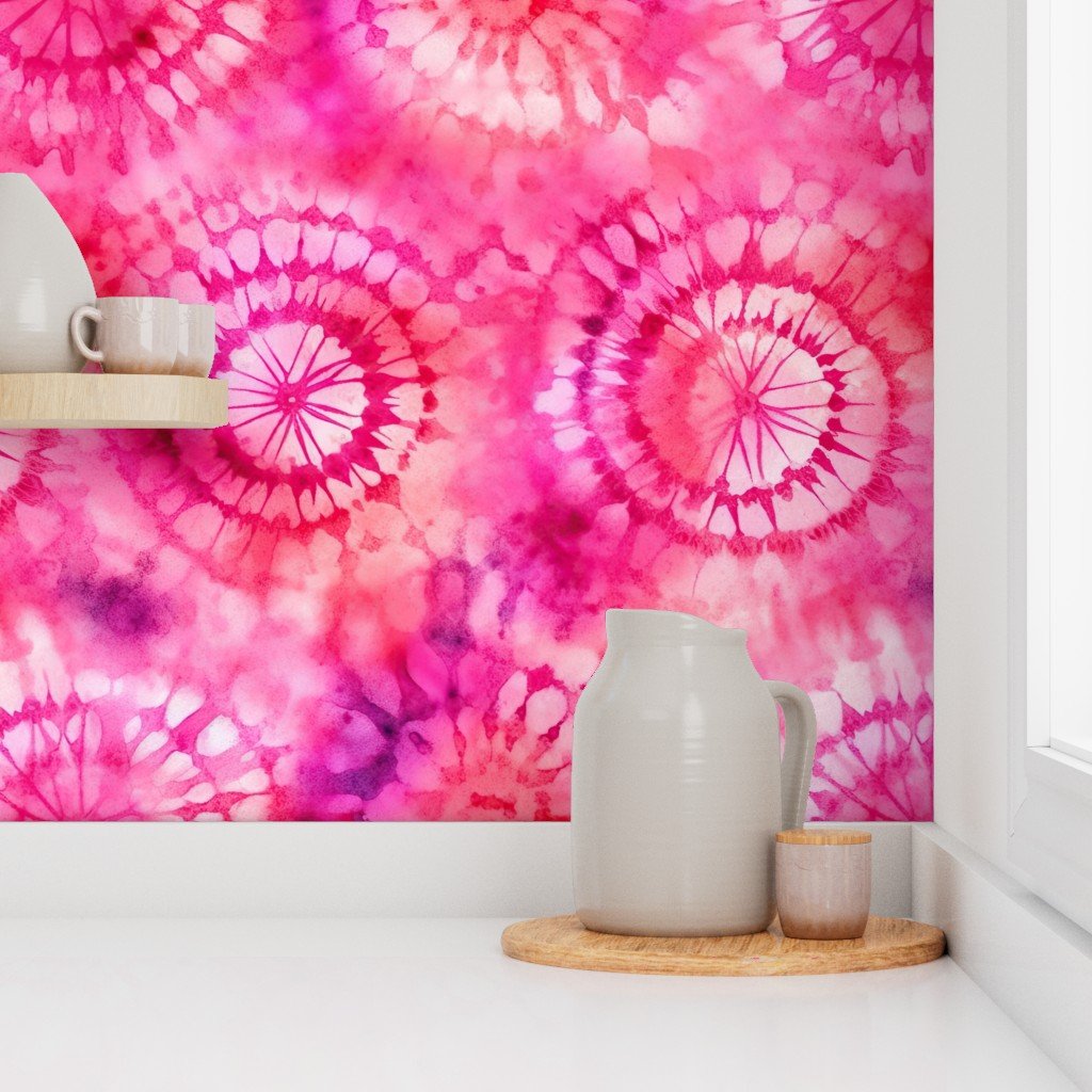 Jumbo Tie Dye Reddish Pink and Purple Circling Swirls Wallpaper boho dye wallpaper