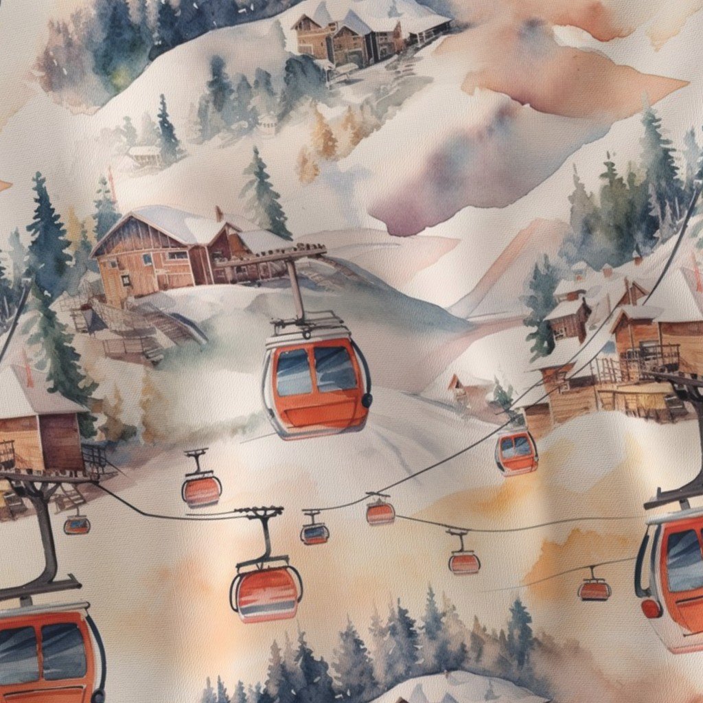 Vintage Ski Slope Cabins in Soft Pastels Fabric skiiing scene fabric