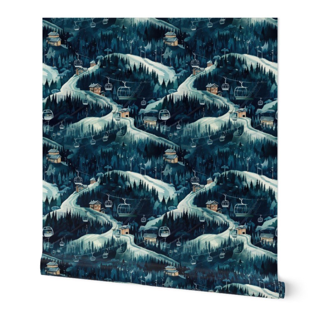 Vintage Ski Slope Cabins in Night Woods Blue Wallpaper blue ski slope wallpaper