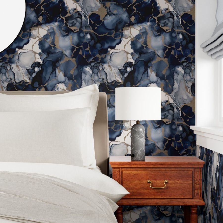 Twilight Navy Blue and Grey with Antique Gold Alcohol Ink Liquid Wallpaper alcohol ink wallpaper
