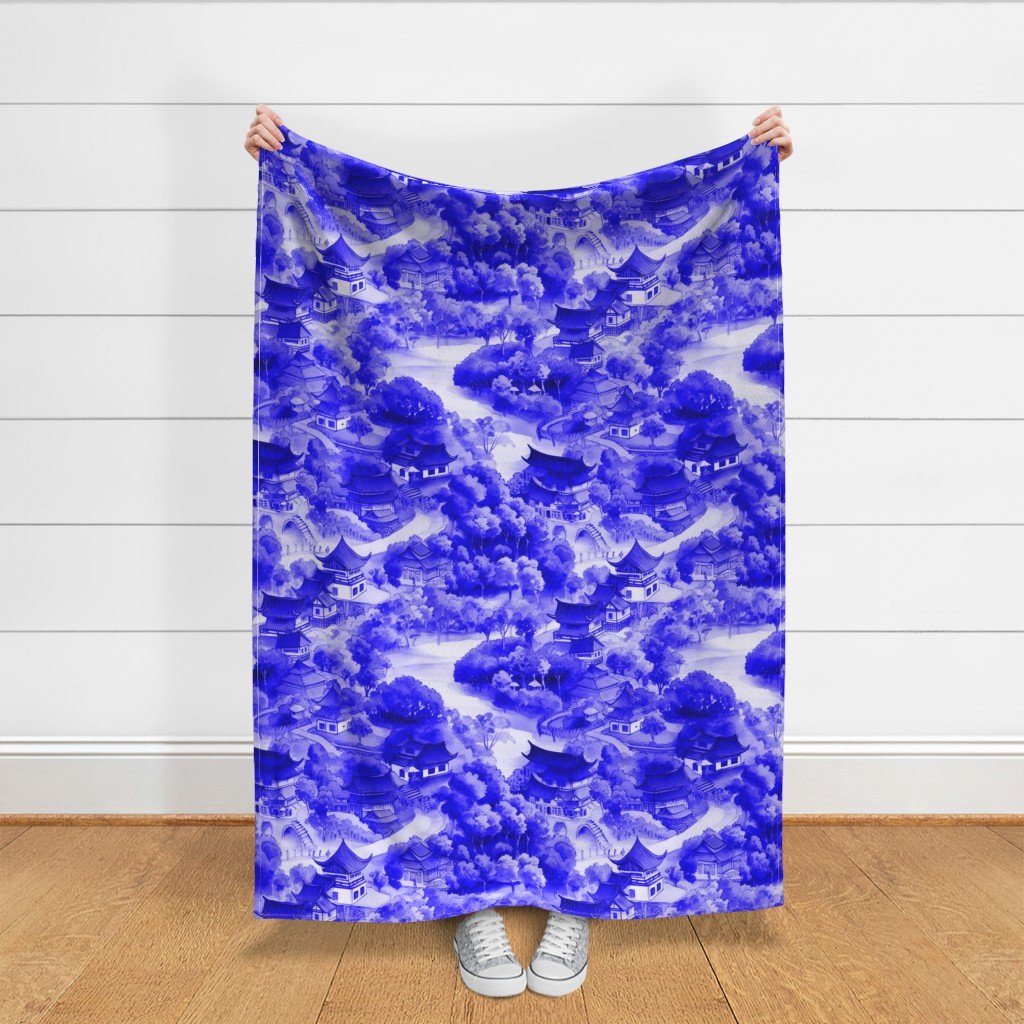 Small Chinese Village in Royal Blue Porcelain Glaze Fabric chinese villages fabric