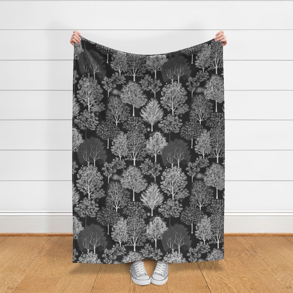 New England Endless Forest Trees Winter in Grey Porcelain Glaze Fabric grey print fabric