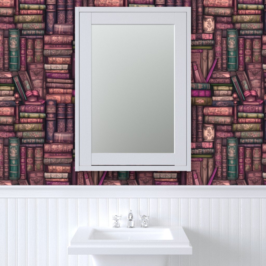 Pink Stacked Bound Vintage Books on Library Book Shelf Wallpaper leather books wallpaper