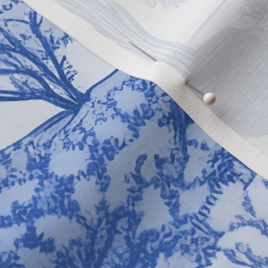 New England Village Houses with Trees in Light Blue Porcelain Glaze Fabric new england village fabric