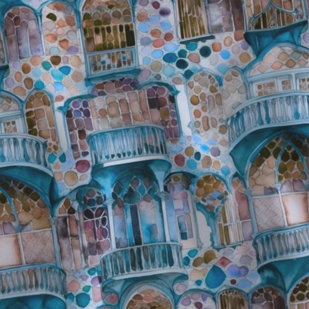 Barcelona House Architectural Detail in Windows Columns Arches and Fabric catalonian design fabric